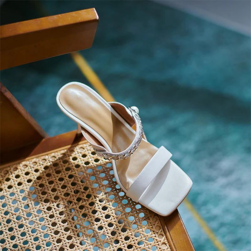 

Meotina Women Slippers Shoes Natural Genuine Leather Sandals Chain High Heel Slides Square Toe Thin Heel Ladies Footwear Summer