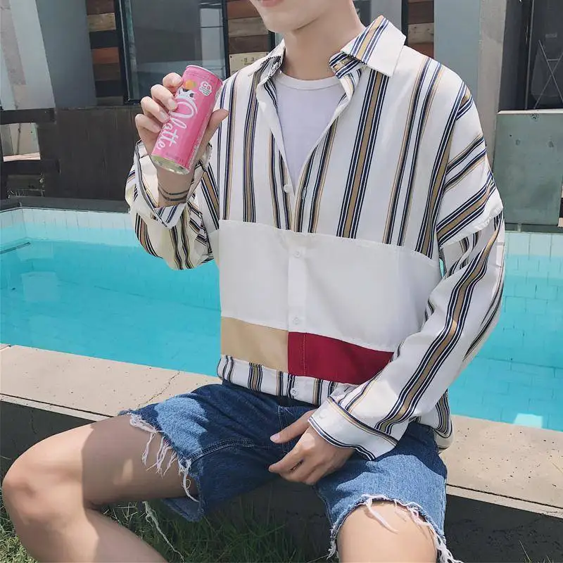 

2021 Spring Long-sleeved Loose Ulzzang Korean Style Trend Ins Super Hot Shirt Men's Striped Hong Kong Style Casual Shirt