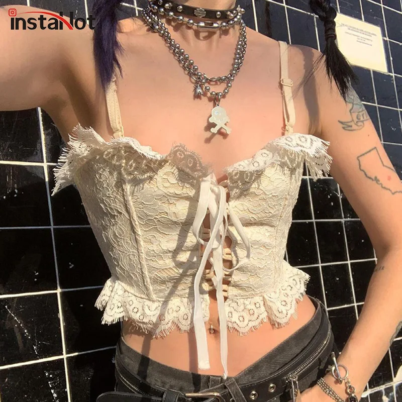 

Женский укороченный топ с рюшами InstaHot, винтажный Повседневный Топ с бретельками на бретельках, лето 2021