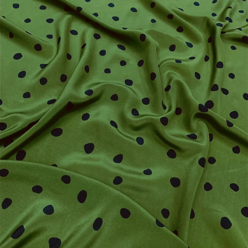 

140CM Wide 16MM Black Dots Print Green Silk Crepe de Chine Fabric for Summer Dress Shirt Cheongsam Suit Pants G033