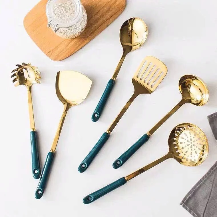 

Multifunction Kitchen Tools 7PCS/Set With Holder Ceramics Handle Stainless Steel Soup Ladle Spatula Cooking Utensils Set