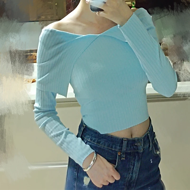

Spring Blue Long-Sleeved Blouse Fashion Women'S New Style Women'S Sweater Features Big Lapel Sexy Strapless Slim Fit