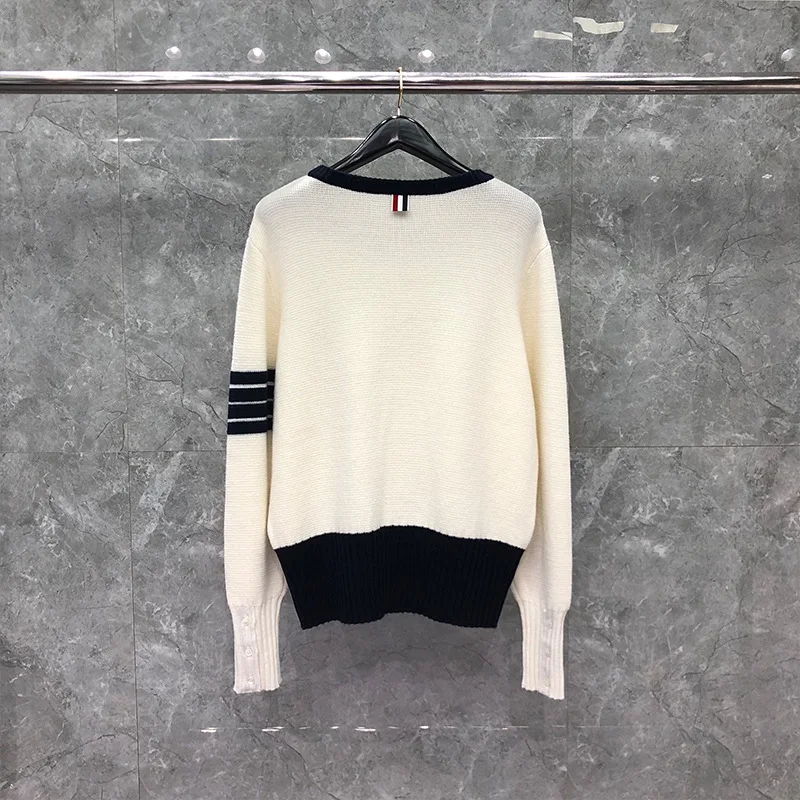 

TB 2021 Fashion THOM Brand Sweaters Men Slim O-Neck Pullovers Clothing Striped Spliced Wool Thick Autumn Winter Casual Coat