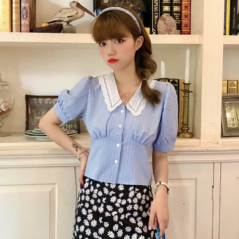 

Рубашка COIGARSAM в стиле преппи Женские топы с воротником Питер Пэн женские рубашки с буффами на рукавах со вставками синие белые 36697