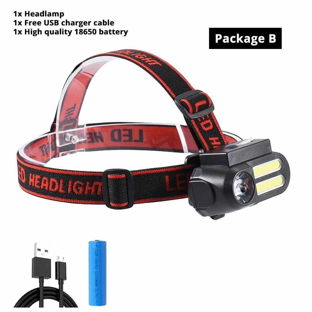 Package B Super Bright LED Headlamp COB Work Light 4 Lighting Mode Waterproof Headlight Powered By 18650 Battery Suit for Night Lighting - Испускаемый цвет: Package B