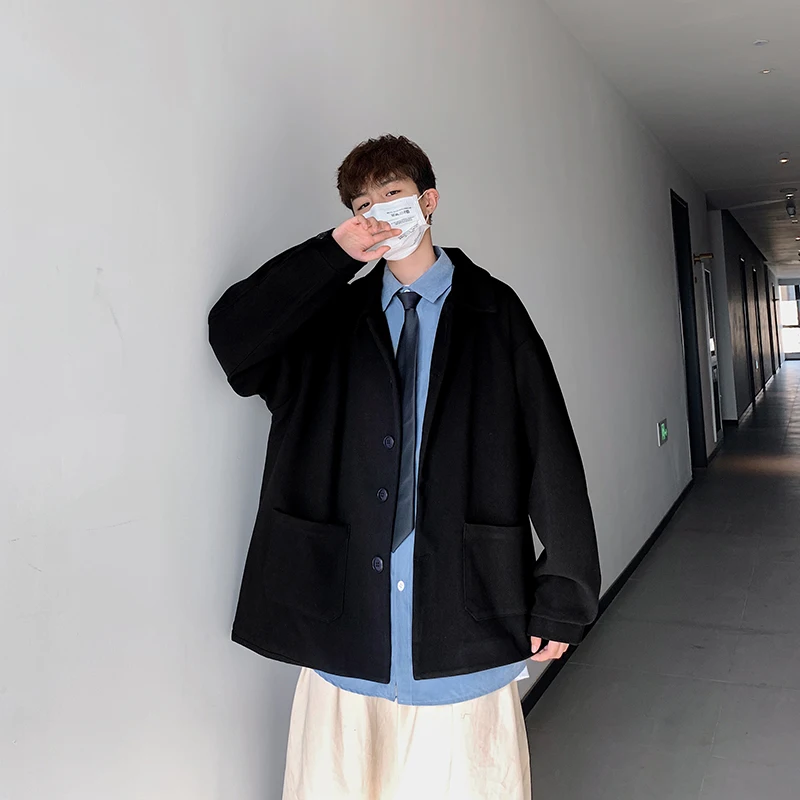 

Men's Solid Color Casual Suit Jacket Korean Fashion Loose Woolen Cloth Jacket Men's Fried Street Harajuku Streetwear Suit Jacket