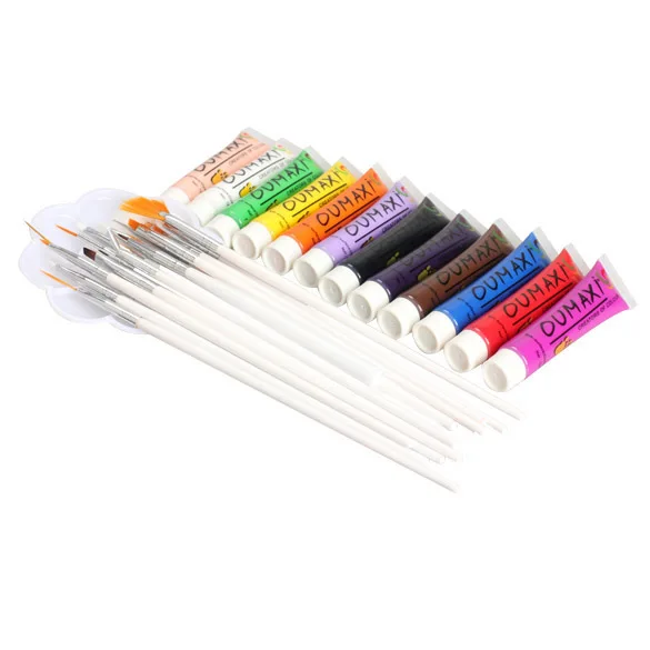 

12 Colors Acrylic Art Painting Pigment And 15 Pcs Brushes Pen With Palette Dish Set For Children Drawing Supplies