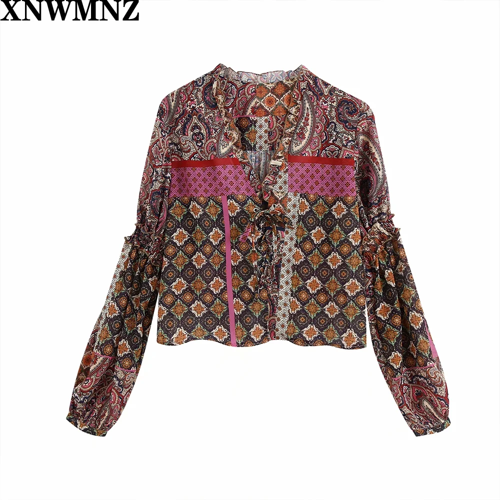 

XNWMNZ ZA Vintage V Neck Blouses Women Fashion Paisley Printed Shirts Women Elegant Tie Belt Lantern Sleeve Tops Female Ladies