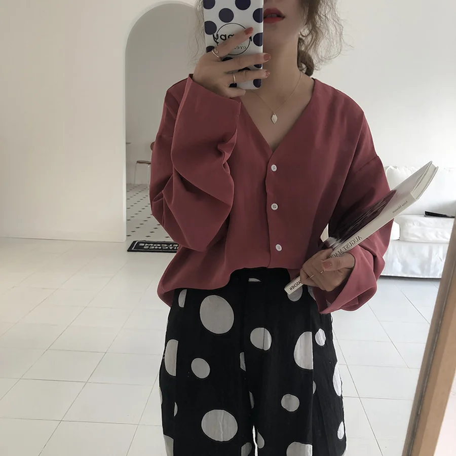 Однотонная женская однобортная шифоновая блузка DISWEET рубашка с V-образным