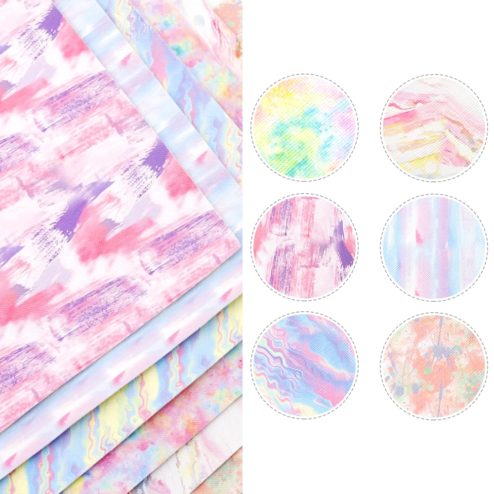 

6pcs Tie-dye Paint Print Cross Grain Faux Leather Fabric Sheet Vinyl Leather For DIY Home Textile Hair Bows Crafts,1Yc11637