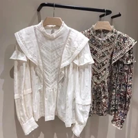 womens ruffled hollow out lace blouse solid color or floral printed long sleeve vintage shirt and tops 2021 autumn