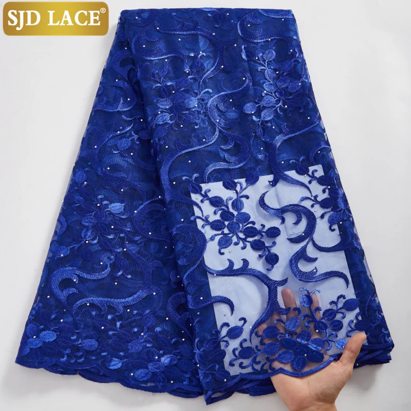 

SJD кружево Королевский синий африканский нигерийский кружевной материал с бусинами французская сетчатая кружевная ткань 2022 Новое поступле...
