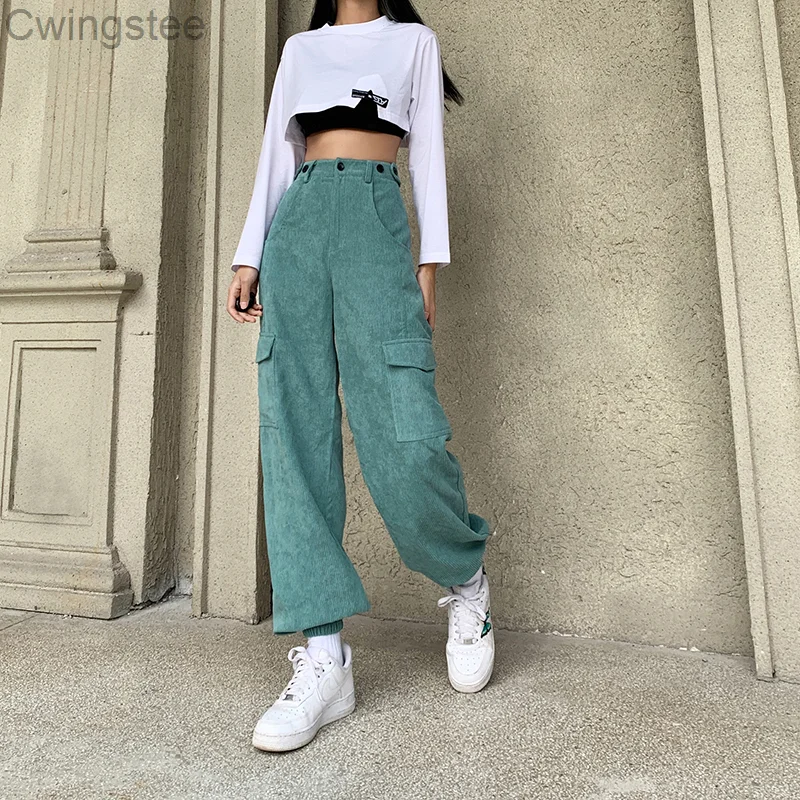 

Брюки-карго женские вельветовые с завышенной талией и широкими штанинами