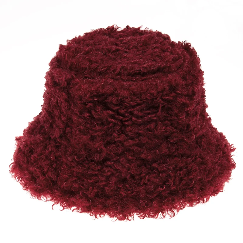 FOXMOTHER New Outdoor Warm Lamb Faux Fur Bucket Hat Black Solid Fluffy Fishing Cap Panama Bob Fisherman Gorros Women Winter 2020