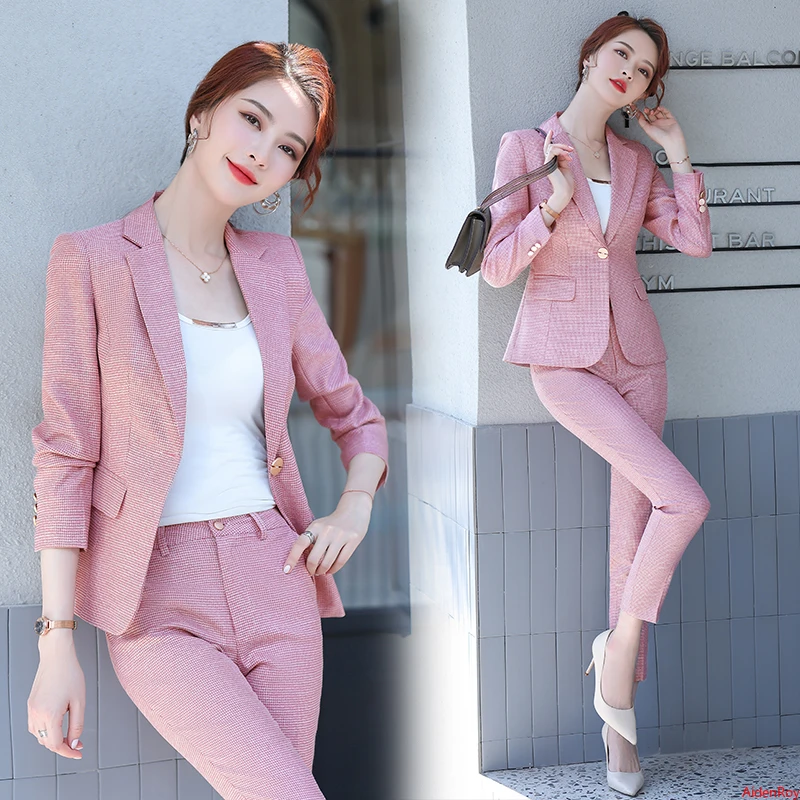 

Formal Pink Khaki Plaid Women's Jacket Pants Suit Office Business Ladies Blazer Suits Long Sleeve 2 Piece Set Trousers Clothing