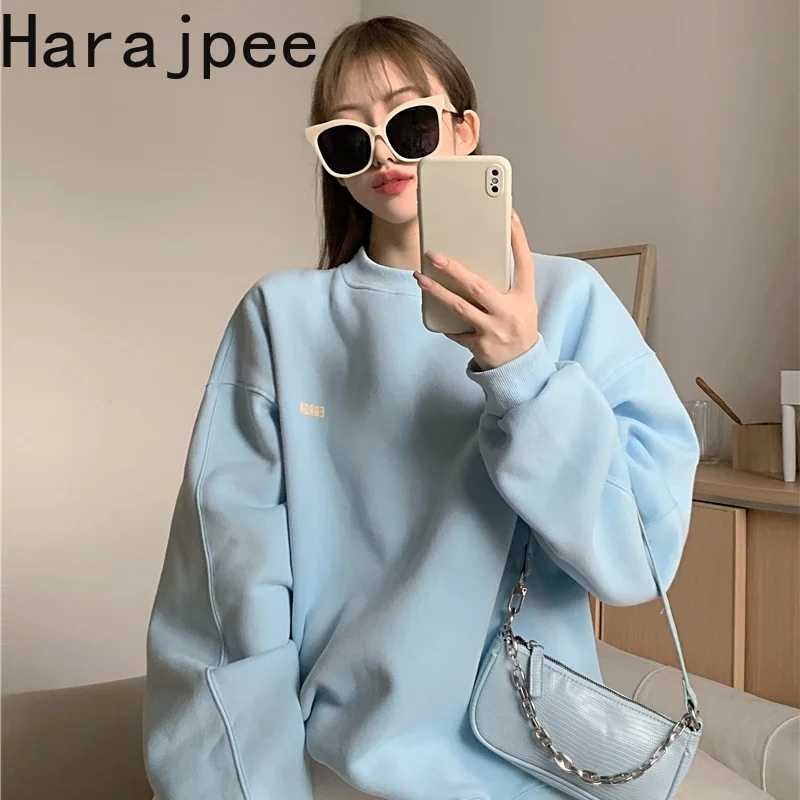 

Harajpee Women Pullovers Solid Loose Casual Korean Ins O-neck Letter Printing Plus Velvet 2021 Autumn Winter New Top Sweatshirt