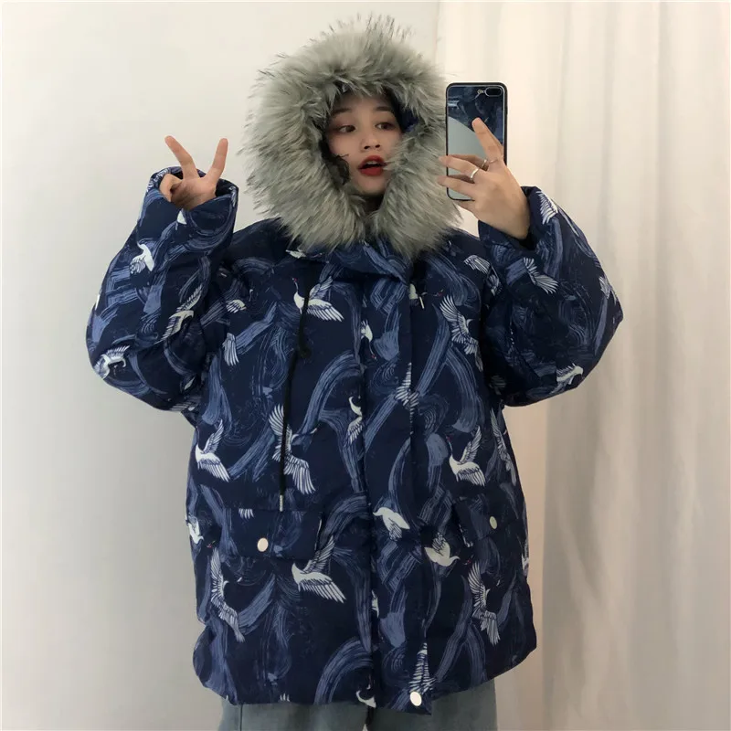 Синий Woherb Harajuku куртки зимняя женская стеганая парка винтажный кран печати свободная японская стеганая куртка с капюшоном Femme Chaqueta Mujer - Цвет: Синий
