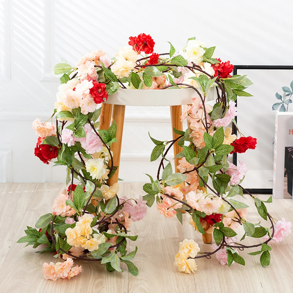 

Artificial Cherry Blossoms Rattan 185cm Long Silk Vines Wall Hanging Plastic Flowers Wedding Home Decoration Fake Plant Garland