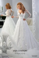 2016 new white wedding gown deep v neck lace appliques beading sequins long transparent sleeve cut out back bridal dresses jajja