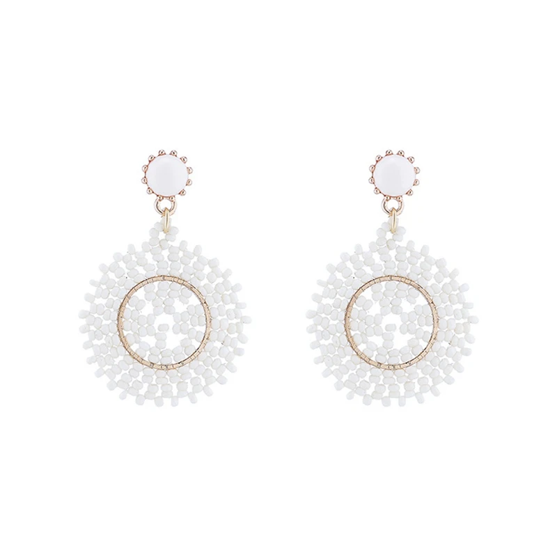 

Handmade Stud Earrings For Women 2021 Beaded Mesh White Rice Bead Retro Personality Round Antique Earrings boucle oreille femme