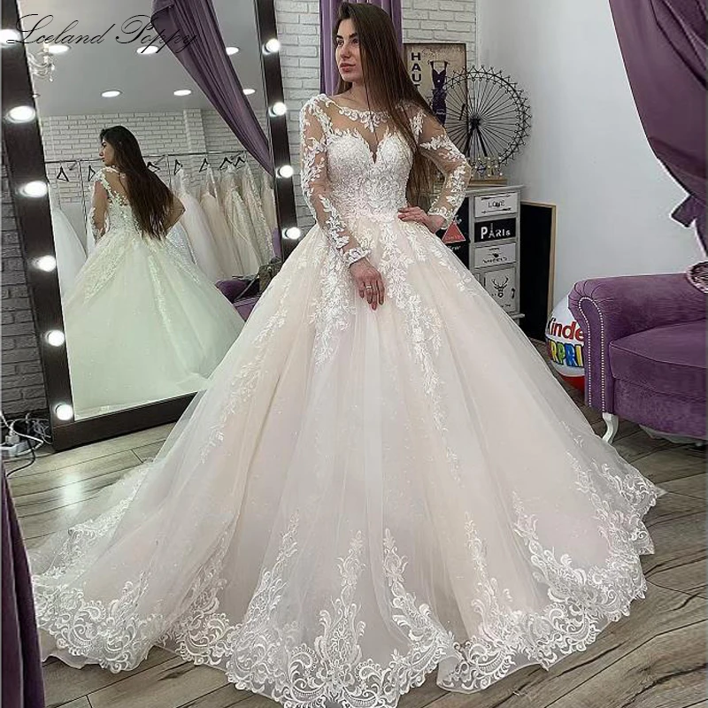 

Lceland Poppy Lace Appliques A-line Wedding Dresses Long Sleeves Scoop Neck Floor Length Vestido de novia Bridal Gowns