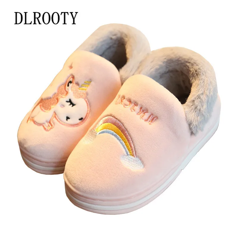 Winter Children Snow Boots Warm Home Floor Slippers Rainbow Cartoon Cute For Boy Girl Shoes Plush Flat Baby Kid Fashion Non-Slip