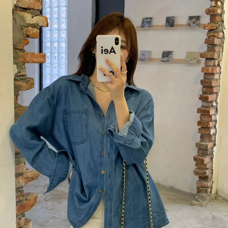 Blue Denim Shirt Women's Polo Collar Mid-length Long Sleeve Coat Autumn Winter Loose Lazy Style Casual Top Rac | Женская одежда