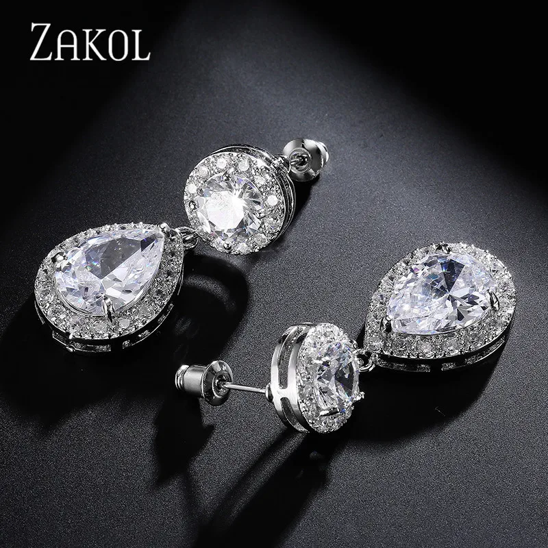 ZAKOL Classic Sliver Color Water Drop Shaped Cubic Zirconia Crystal Earrings For Women Romantic Wedding Jewelry Brides | Украшения и