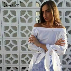 Женская голубая блузка Simplee с бантом, женская летняя белая блузка с открытыми плечами, женские топы, синий полосатый топ, рубашки