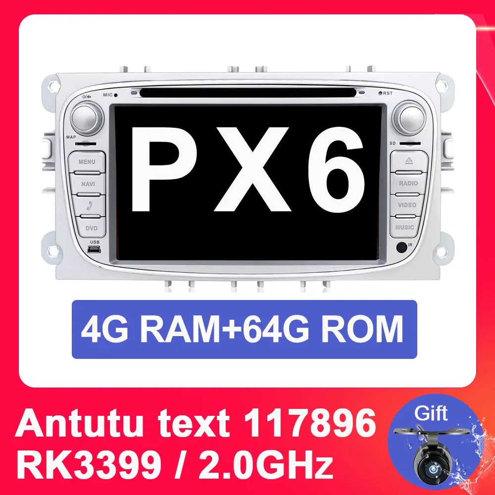 4G 64G SLIVER PX6 Eunavi 2 din Android 9,0 Восьмиядерный автомобильный dvd-плеер gps Navi для Ford Focus Galaxy с аудио Радио Стерео Wi-Fi головное устройство 1024*600 - Цвет: 4G 64G SLIVER PX6