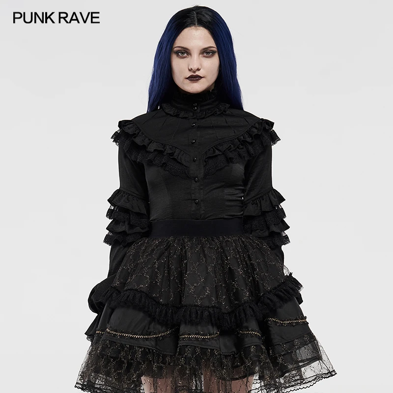 

PUNK RAVE Women's Lolita Gorgeous Puff Long Sleeve Lace Shirt Gothic Stand Collar Adjustable Back Party Evening Dinner Blouses