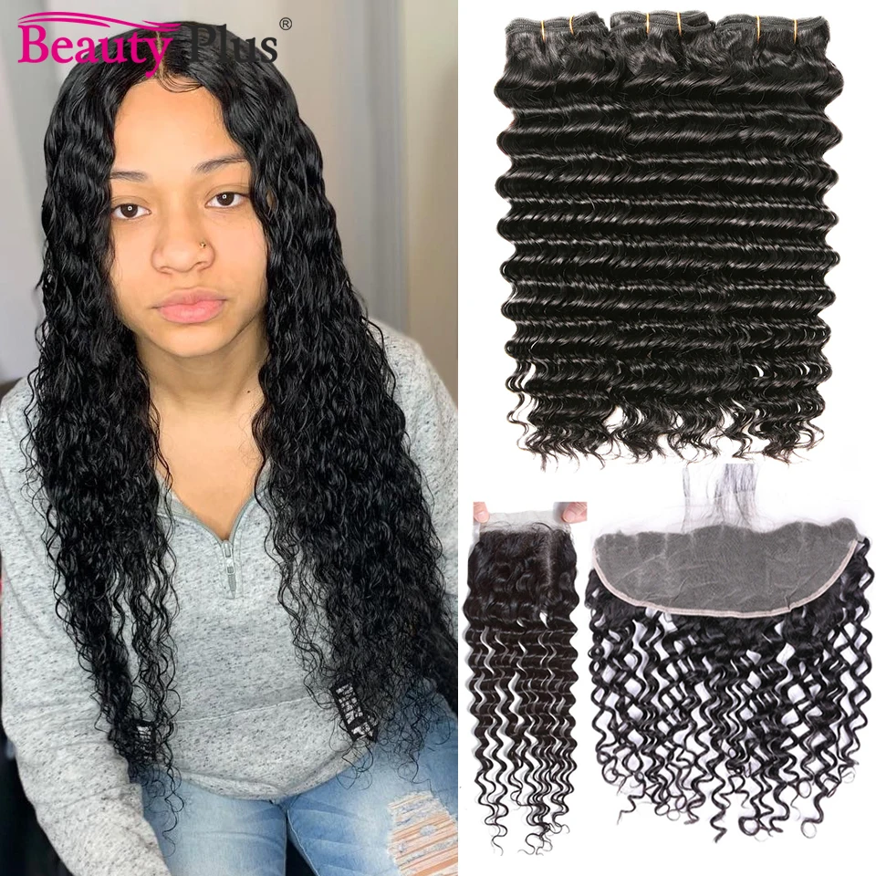 Deep Wave Bundles With Closure Peruvian Remy Human Hair Weave 3 Bundles Deep Curly And 13x4 Ear To Ear Transparent Lace Frontals