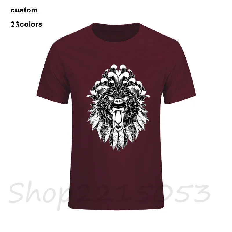 Bear Grizzly Roar Tattoo Feathers peony Distressed on sale Men brand tshirts 100% cotton gift t-shirt lion king male tv t shirts Мужская