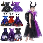 Детский костюм вампира на Хэллоуин, платье для девочек, малефисент, королева зла, напечатанное бальное платье, праздничное платье принцессы