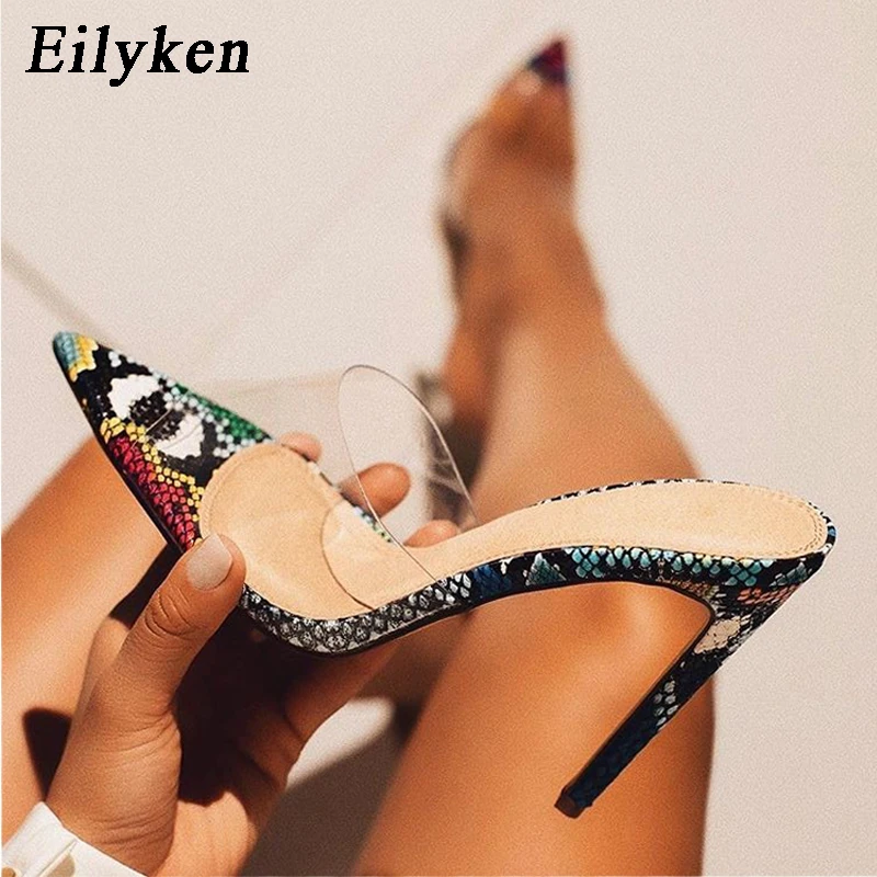 

Eilyken Woman Sexy Snake grain PVC Transparent Design Slippers Mules High Heels Pointed Toe Ladies Summer Shoes 2021 New