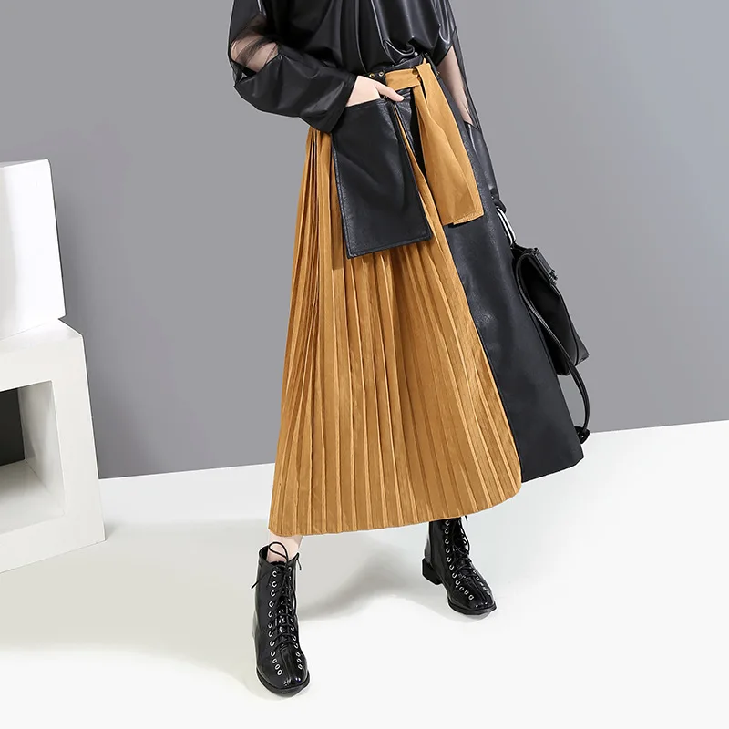 Женская Лоскутная юбка из искусственной кожи с высокой талией плиссированная
