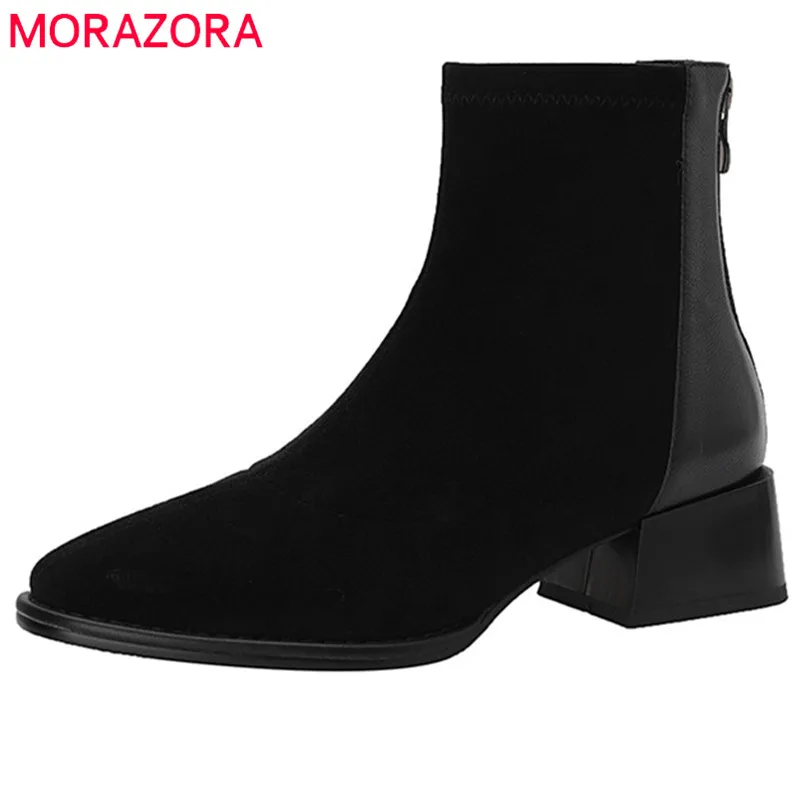

MORAZORA 2022 New Arrive Short Boots Women Shoes Genuine Leather +Stretch Flock Zipper Round Toe Low Heel Ankle Boots Women