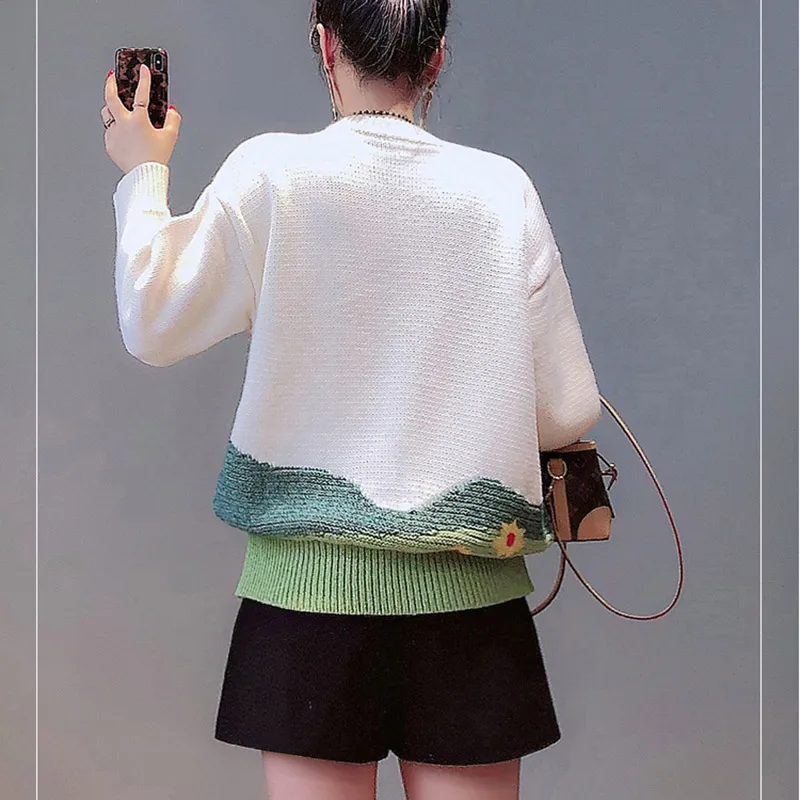 Женский вязаный Свитер оверсайз толстый свитер контрастных цветов с вышивкой