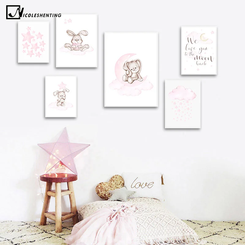 

Pink Bunny Cartoon Child Poster Bunny Moon Nursery Quotes Art Canvas Print Wall Painting Nordic Kid Baby Room Decoration Picture