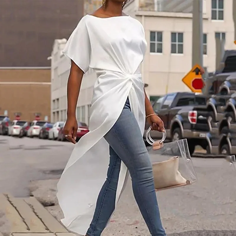 

Женское платье с коротким рукавом, повседневное однотонное белое платье-макси с круглым вырезом и разрезом, уличная одежда свободного покр...