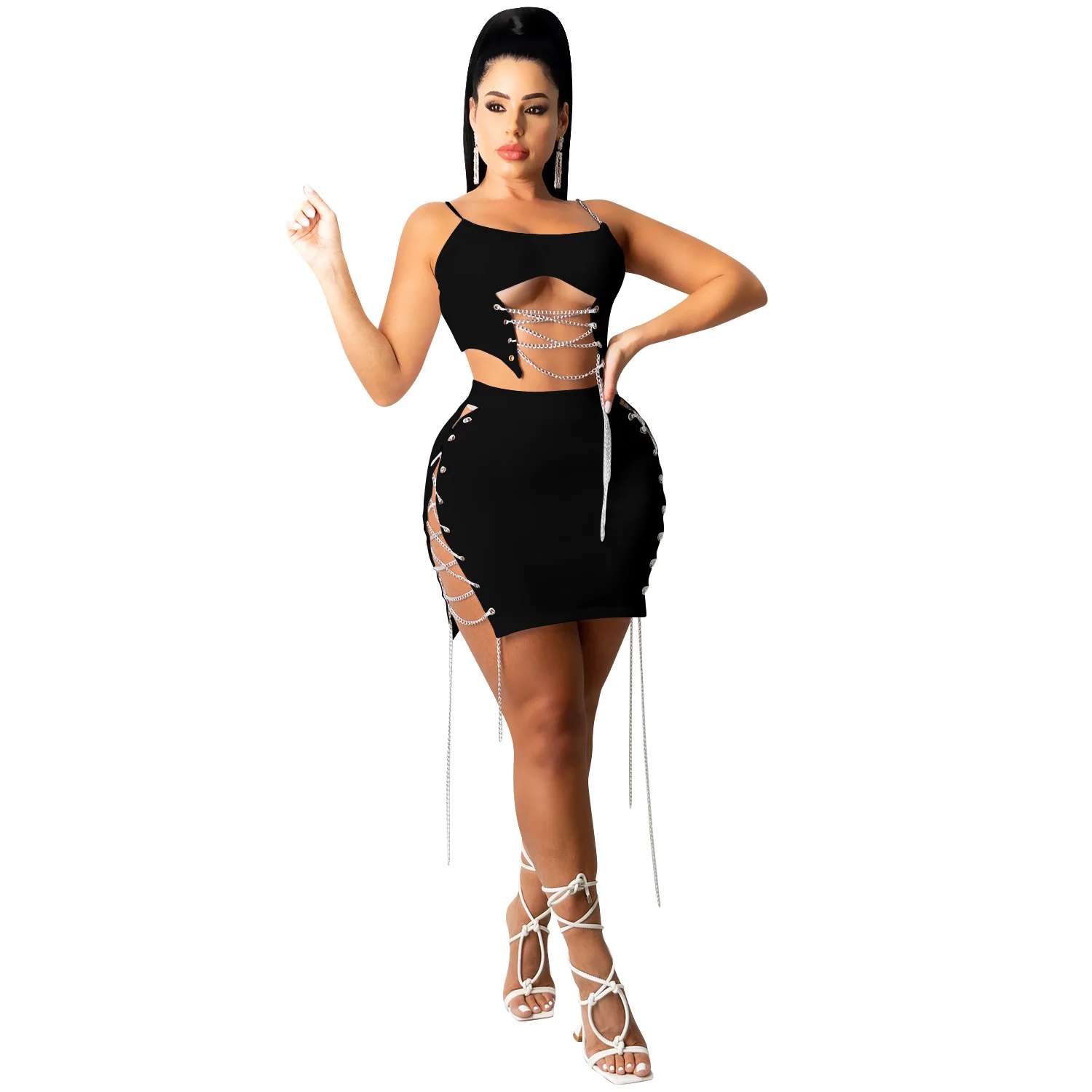 Женское платье с лямкой на шее и цепочкой однотонный бандажный кроп топ без