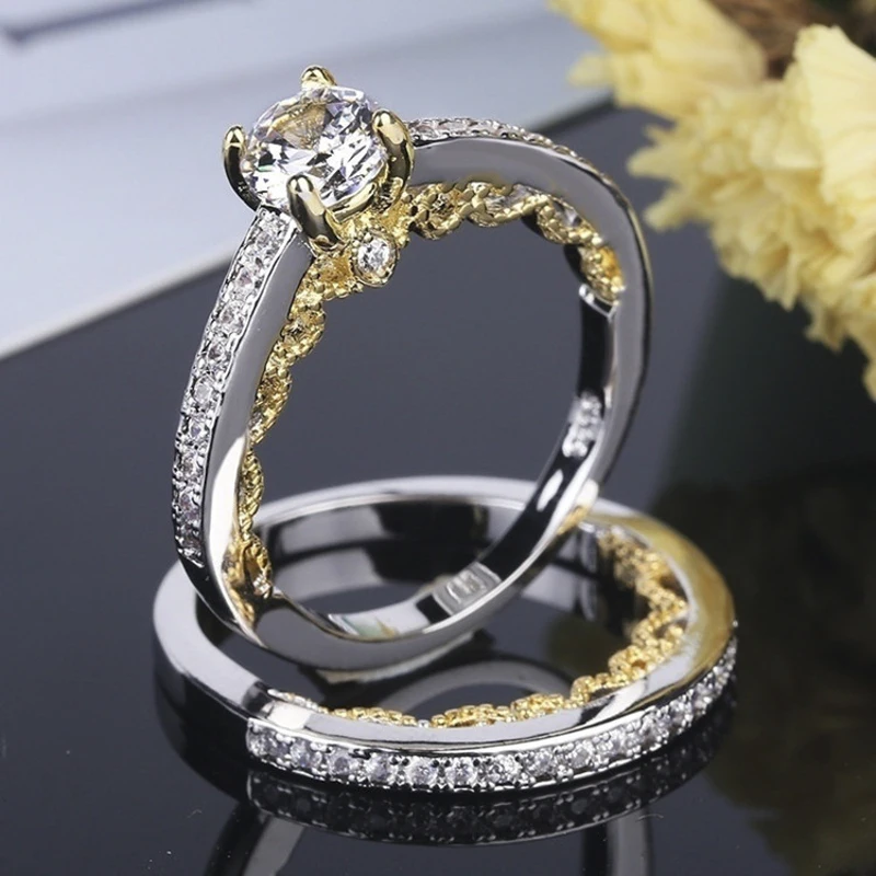 

2 Pcs/set Fashion Simple Golden Color Lace Inlaid White Zircon Ring Set for Women Engagement Party Wedding Ring Jewelry