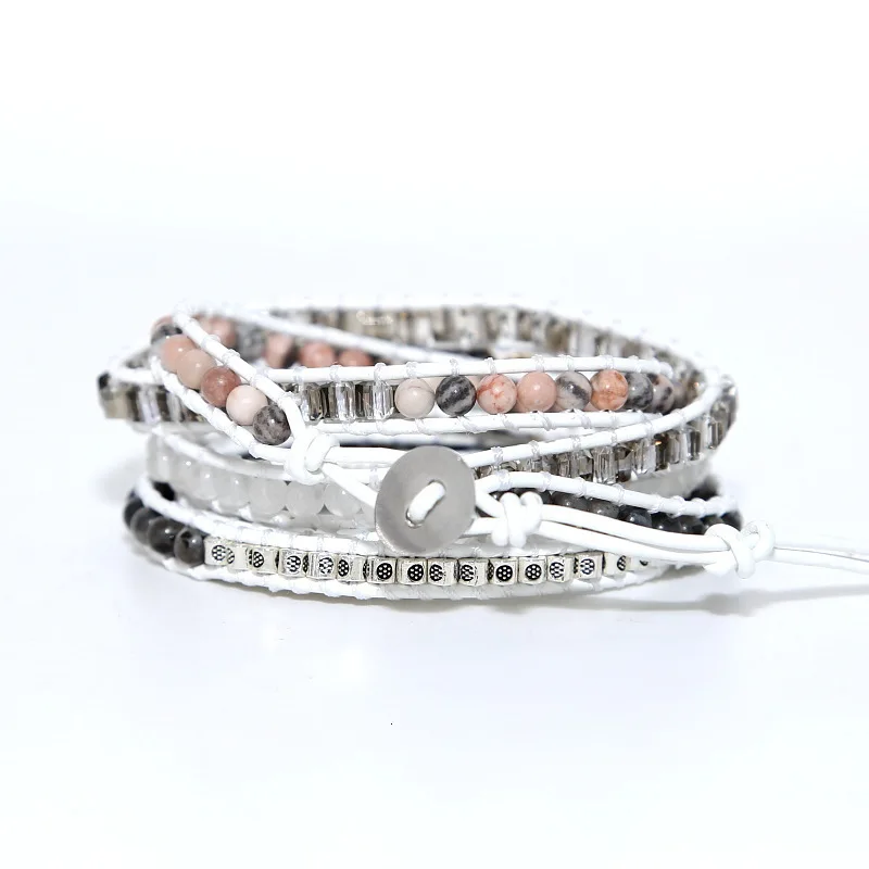 

Women Leather Bracelet Unique Natural Opal Rhinestone Stones multilayer Wrap Bracelets Handmade Boho Bracelet Dropship Gifts