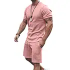 Мужской спортивный костюм из двух предметов, Однотонная футболка с коротким рукавом и шорты на шнуровке с карманами, спортивная одежда для фитнеса, лето 2021