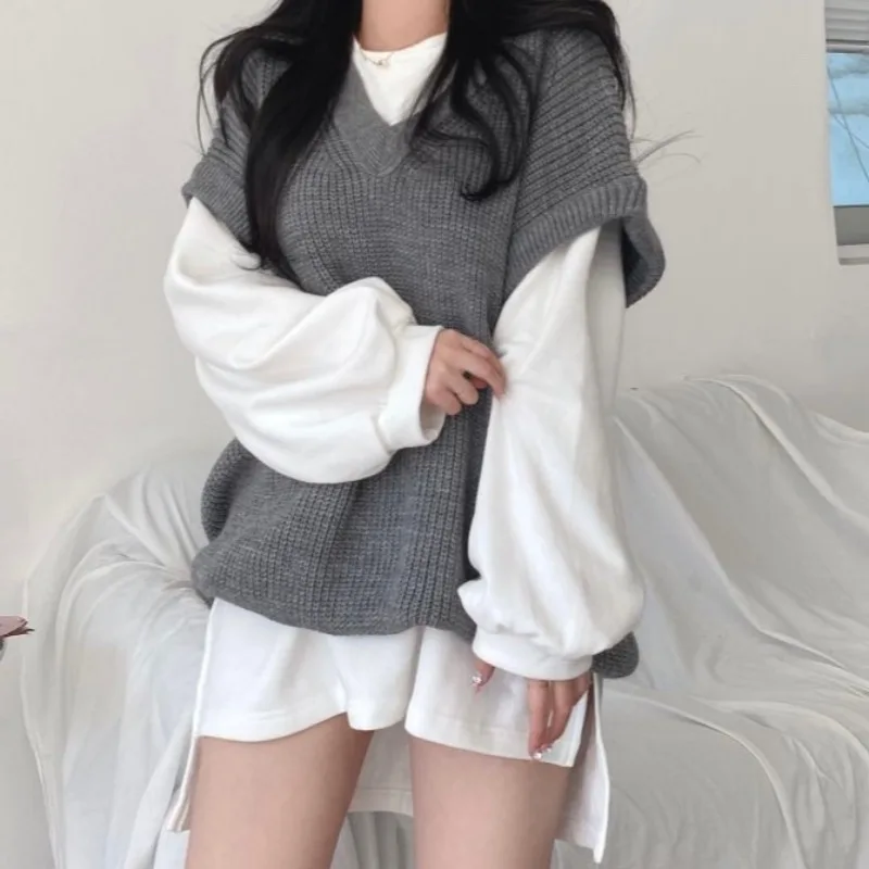 Casual O Puff Long Sleeve White Hoodies Women Wild Loose V Sleeveless Knitted Tops Khaki Sweater Vest Autumn Black Grey Retro |