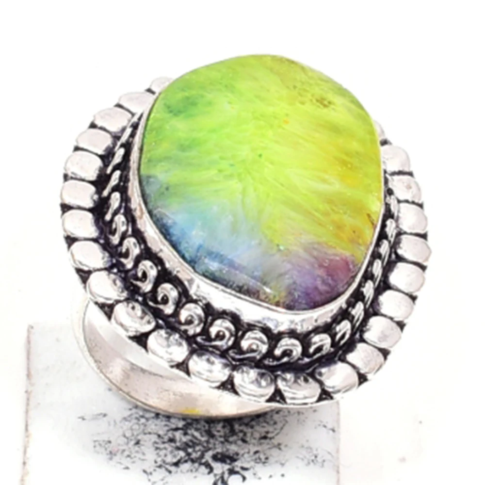 

Genuine Rainbow Solar Quartz Ring Silver Overlay over Copper ,Hand Made Women Jewelry gift , Size: 7.5