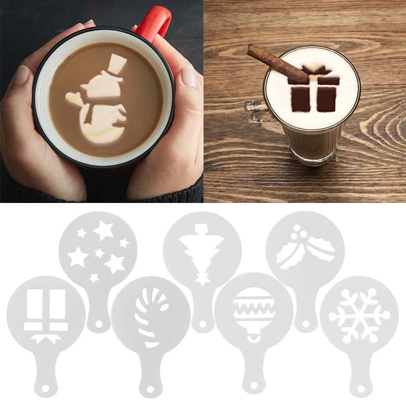 

8Pcs/16Pcs PP Coffee Printing Model Fancy Cappuccino Mold Cake Stencils Cappuccino Latte Sprinkle Pad Icing Sugar Strainer Tool