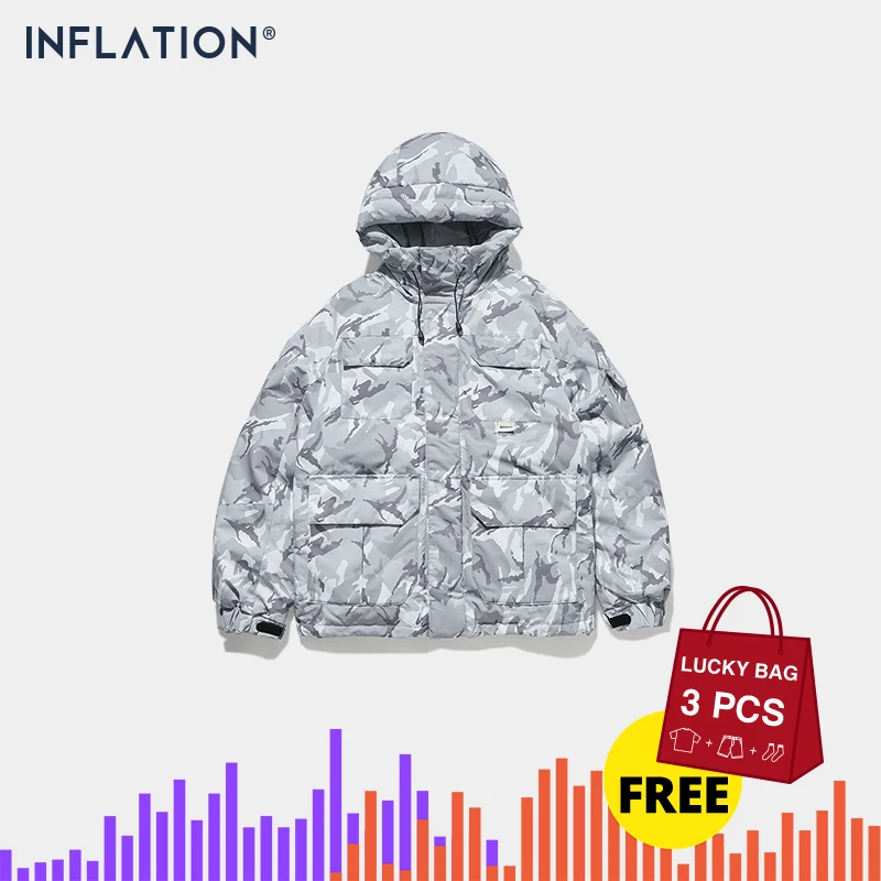 Инфляция камуфляж пуховик для мужчин FW уличная 70% утиный пух пальто хип хоп Свободный с капюшоном теплая зимняя мужская куртка одежда 9747W