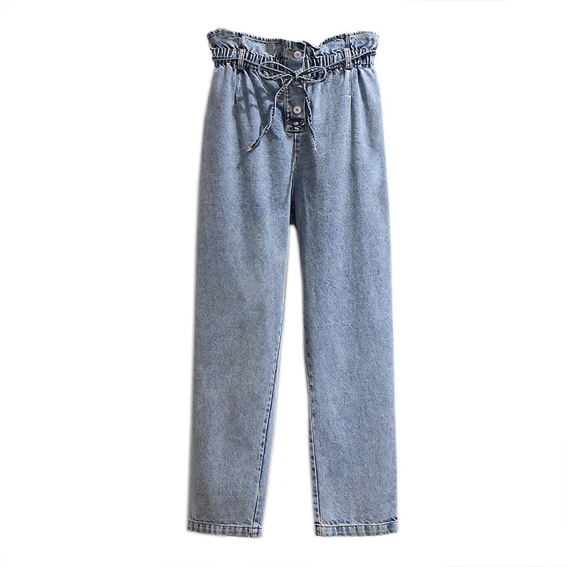 

New Ladies Spring Autumn Plus Size Long Jeans For Women Large Loose Straight Cotton Belt Blue Denim Pants 3XL 4XL 5XL 6XL