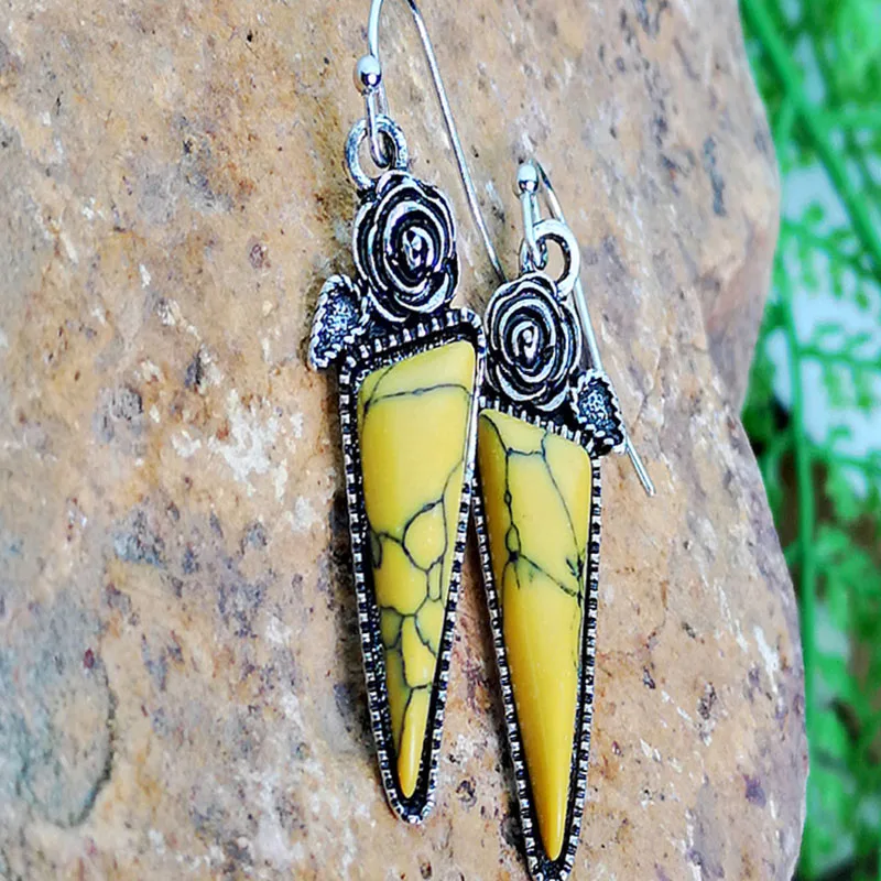 Yellow Resin Bohemian Triangle Drop Earrings - Vintage Retro Flower Long Pendant for Women image 2